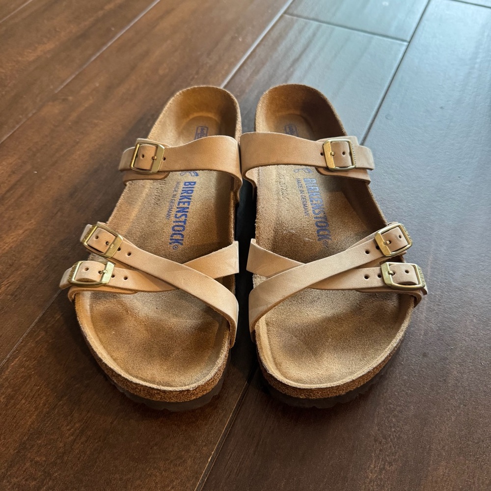 Birkenstock Tan Leather Triple-Strap Sandals: Franca Soft Footbed Nubuck Leather